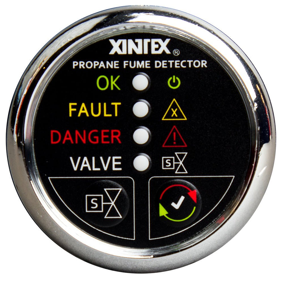 Fireboy - Xintex Propane Fume Detector w/Plastic Sensor & Solenoid Valve - Chrome Bezel Display - Get Tight Gear