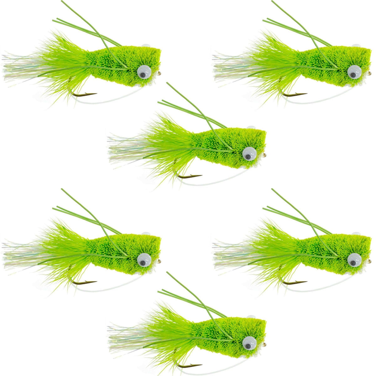 Flashtail Bass Popper 6 Flies Hook Size 6 - Chartreuse Bass Fly Fishing Bug Wide Gape Bass Hooks With Weed Guard - Get Tight Gear