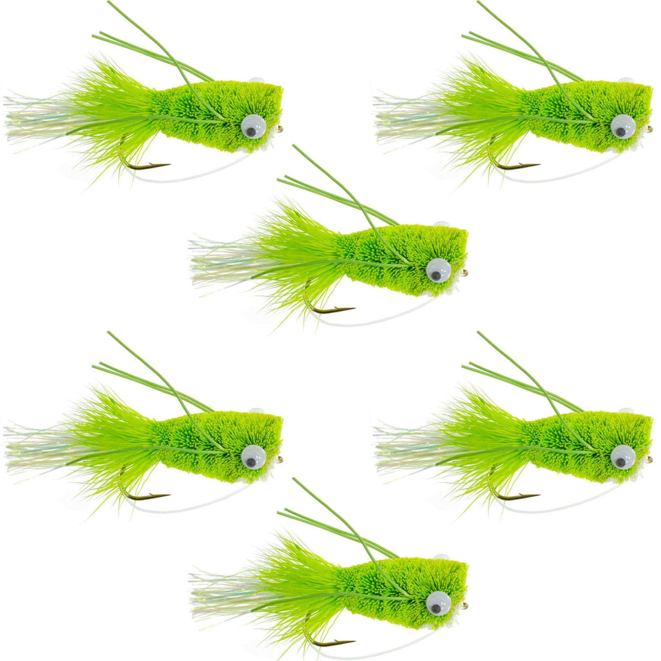 Flashtail Bass Popper 6 Flies Hook Size 6 - Chartreuse Bass Fly Fishing Bug Wide Gape Bass Hooks With Weed Guard - Get Tight Gear