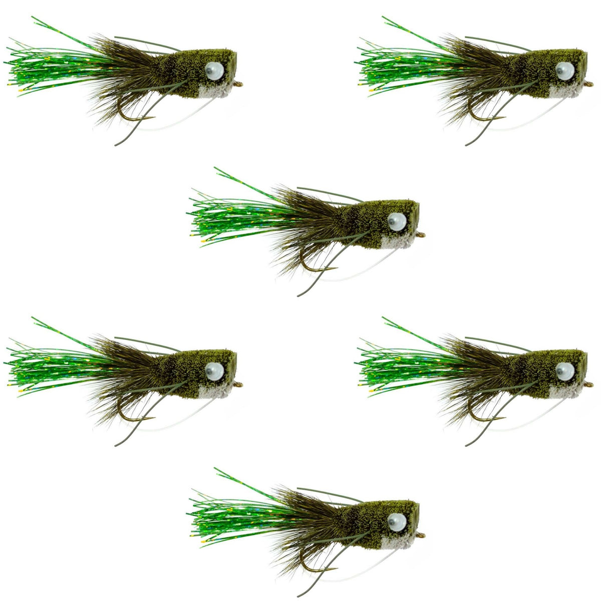 Flashtail Bass Popper 6 Flies Size 8 - Olive Bass Fly Fishing Bug Wide Gape Bass Hooks With Weed Guard - Get Tight Gear