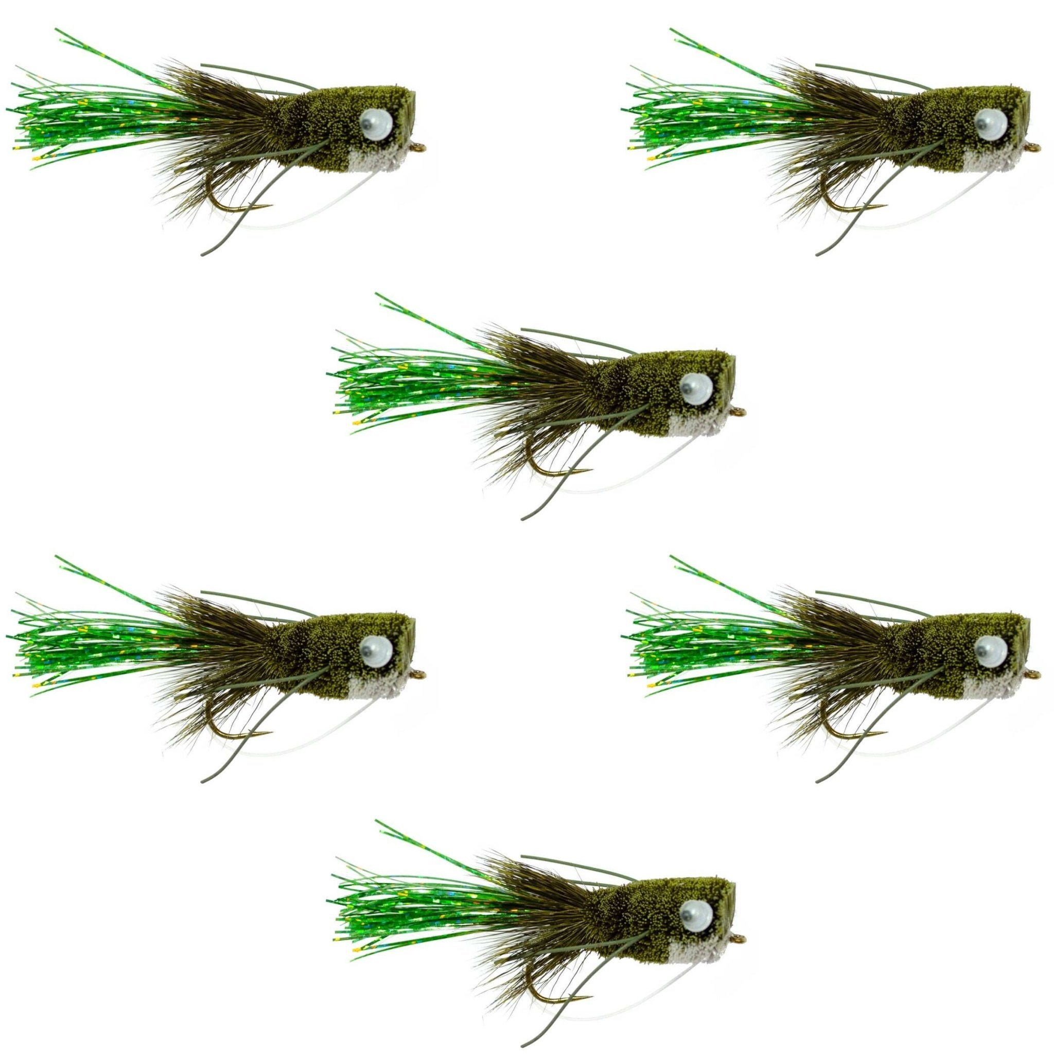 Flashtail Bass Popper 6 Flies Size 8 - Olive Bass Fly Fishing Bug Wide Gape Bass Hooks With Weed Guard - Get Tight Gear