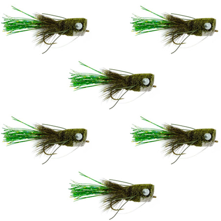 Flashtail Bass Popper 6 Flies Size 8 - Olive Bass Fly Fishing Bug Wide Gape Bass Hooks With Weed Guard - Get Tight Gear