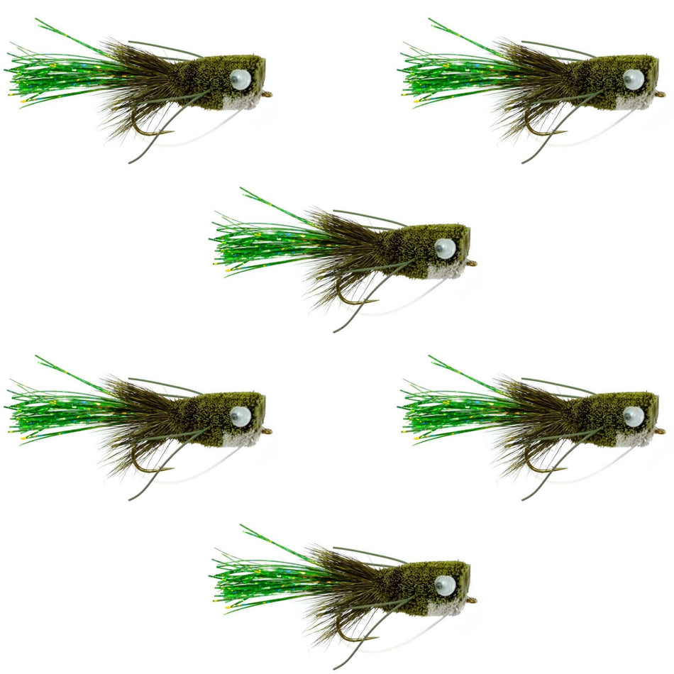 Flashtail Bass Popper 6 Flies Size 8 - Olive Bass Fly Fishing Bug Wide Gape Bass Hooks With Weed Guard - Get Tight Gear