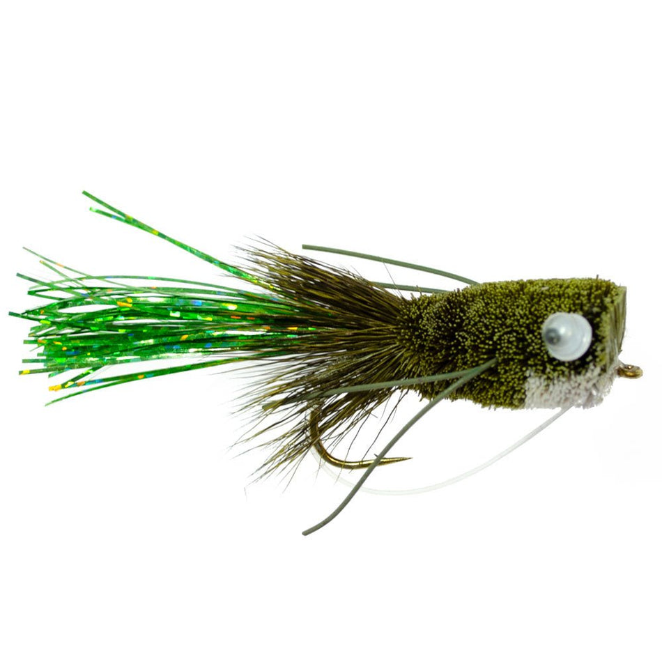 Flashtail Bass Popper 6 Flies Size 8 - Olive Bass Fly Fishing Bug Wide Gape Bass Hooks With Weed Guard - Get Tight Gear