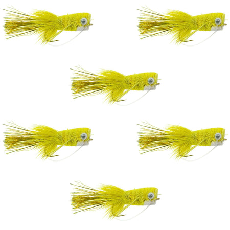 Flashtail Bass Popper 6 Flies Size 8 - Yellow Bass Fly Fishing Bug Wide Gape Bass Hooks With Weed Guard - Get Tight Gear