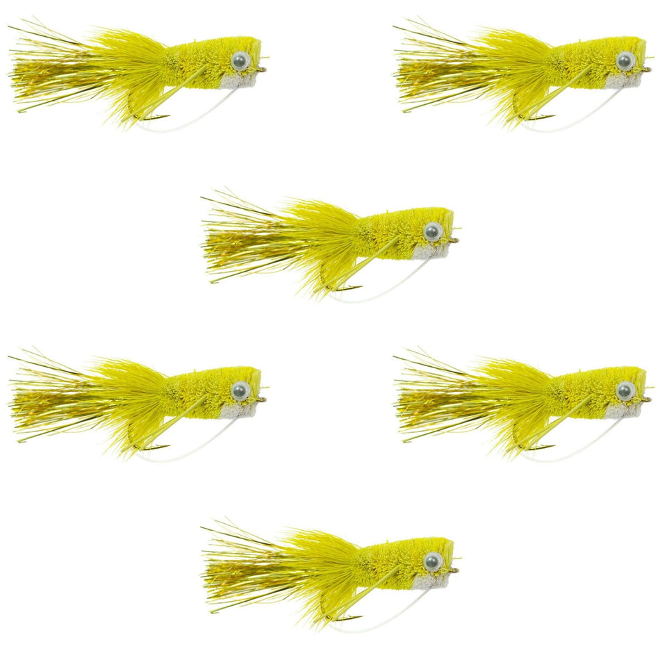 Flashtail Bass Popper 6 Flies Size 8 - Yellow Bass Fly Fishing Bug Wide Gape Bass Hooks With Weed Guard - Get Tight Gear