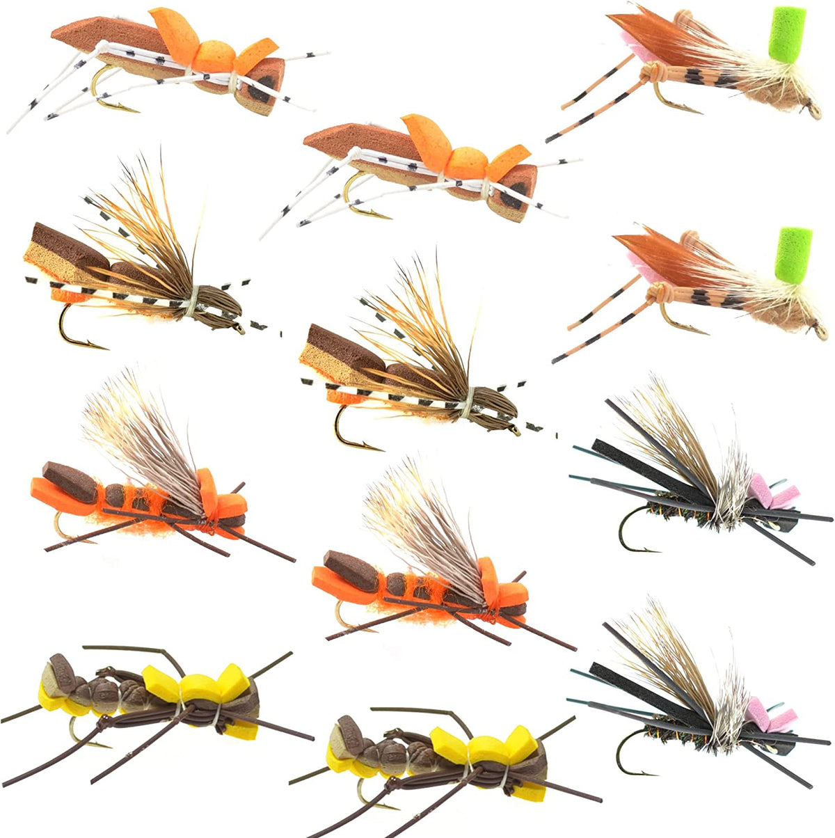Foam Hopper Fly Fishing Flies Assortment - 12 Flies - 2 Each of 6 Grasshopper Dropper Hopper with Fly Box - Get Tight Gear