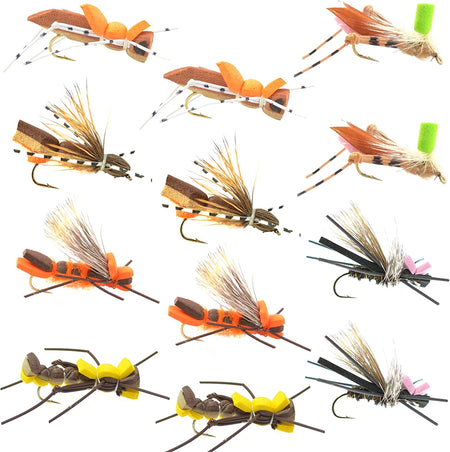 Foam Hopper Fly Fishing Flies Assortment - 12 Flies - 2 Each of 6 Grasshopper Dropper Hopper with Fly Box - Get Tight Gear
