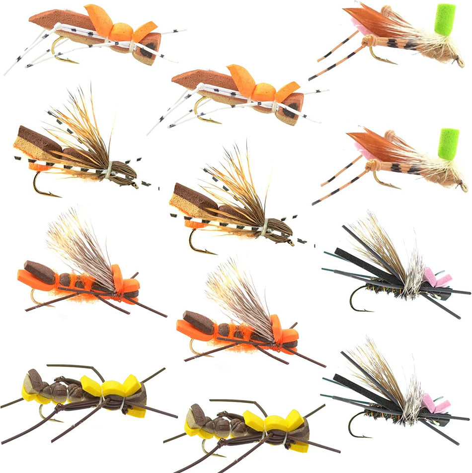 Foam Hopper Fly Fishing Flies Assortment - 12 Flies - 2 Each of 6 Grasshopper Dropper Hopper with Fly Box - Get Tight Gear