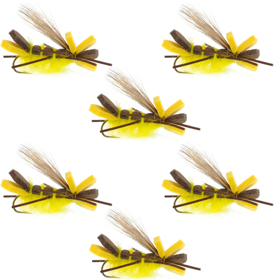 Godzilla Hopper Trout Flies - Yellow High Visibility Grasshopper or Stonefly Dry Fly - 6 Flies Hook Size 10 - Get Tight Gear