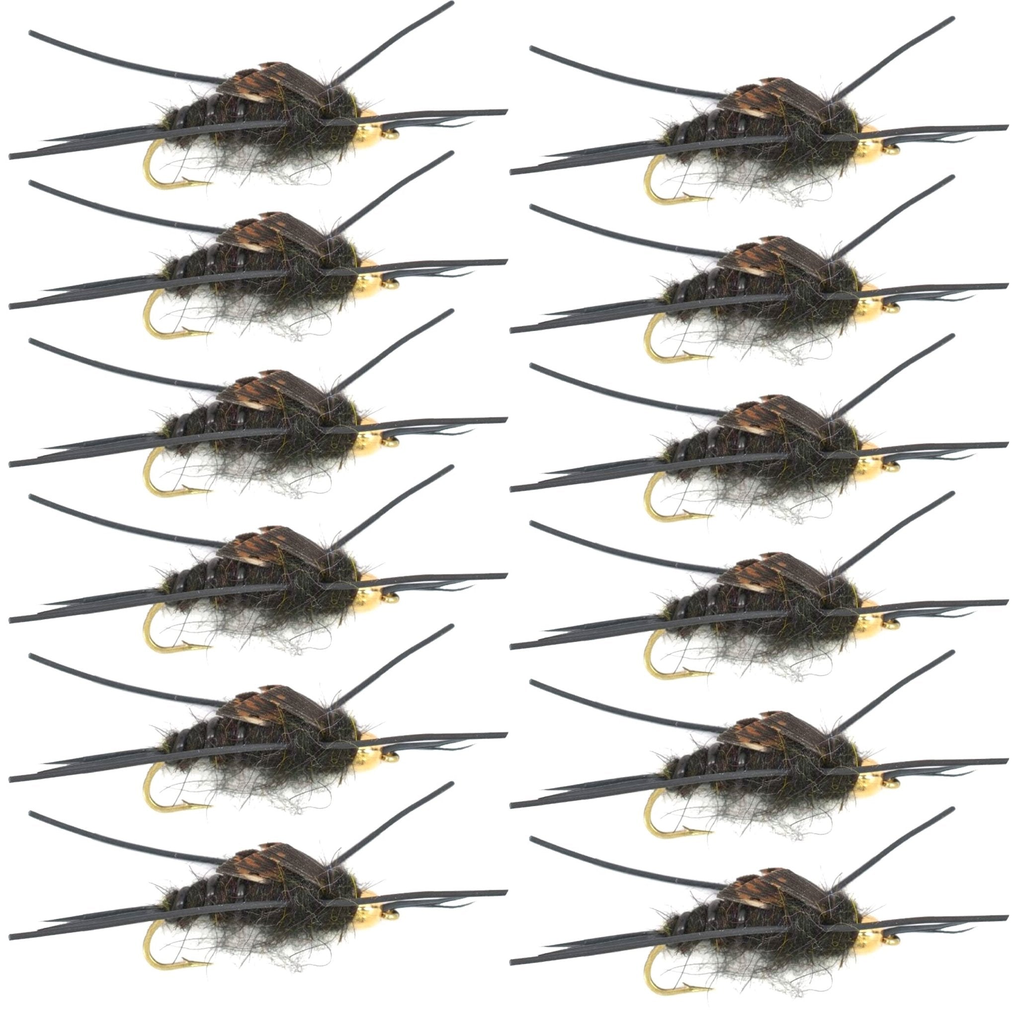 Gold Bead Kaufmann's Black Stone Fly with Rubber Legs - Stonefly Wet Fly - 1 Dozen Flies Hook Size 6 - Get Tight Gear