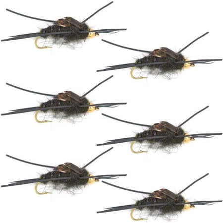 Gold Bead Kaufmann's Black Stone Fly with Rubber Legs - Stonefly Wet Fly - 6 Flies Hook Size 4 - Get Tight Gear