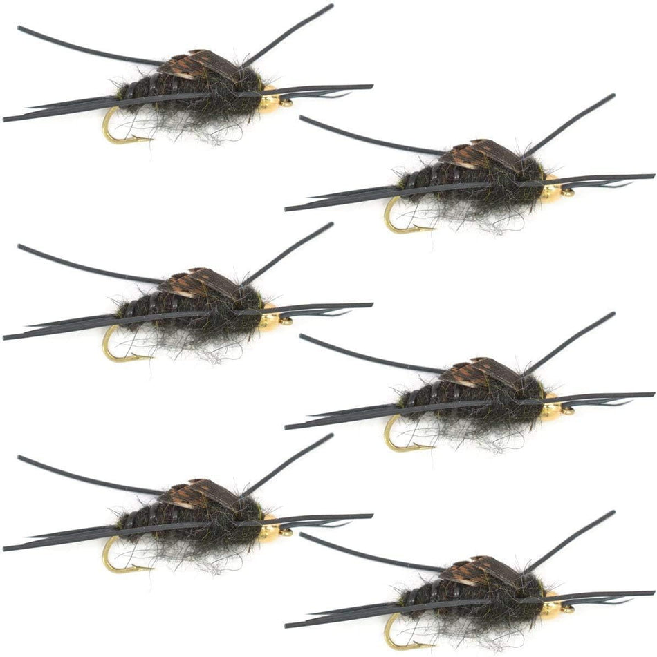 Gold Bead Kaufmann's Black Stone Fly with Rubber Legs - Stonefly Wet Fly - 6 Flies Hook Size 4 - Get Tight Gear