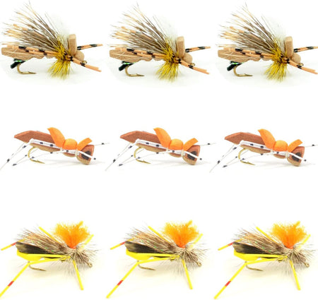 Grasshopper Trout Flies Fishing Flies Assortment Dropper Hopper Foam Body - 9 Flies 3 Patterns Hook Size 10 - Get Tight Gear