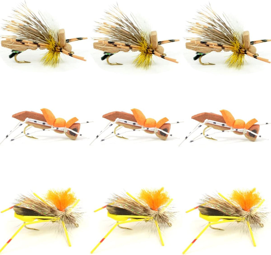 Grasshopper Trout Flies Fishing Flies Assortment Dropper Hopper Foam Body - 9 Flies 3 Patterns Hook Size 10 - Get Tight Gear