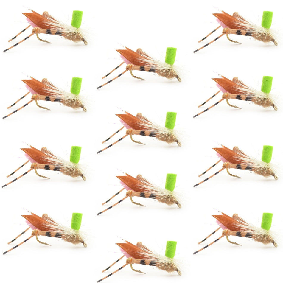 Green Top Hopper Foam Body Grasshopper Fly - 1 Dozen Flies Hook Size 10 - Get Tight Gear