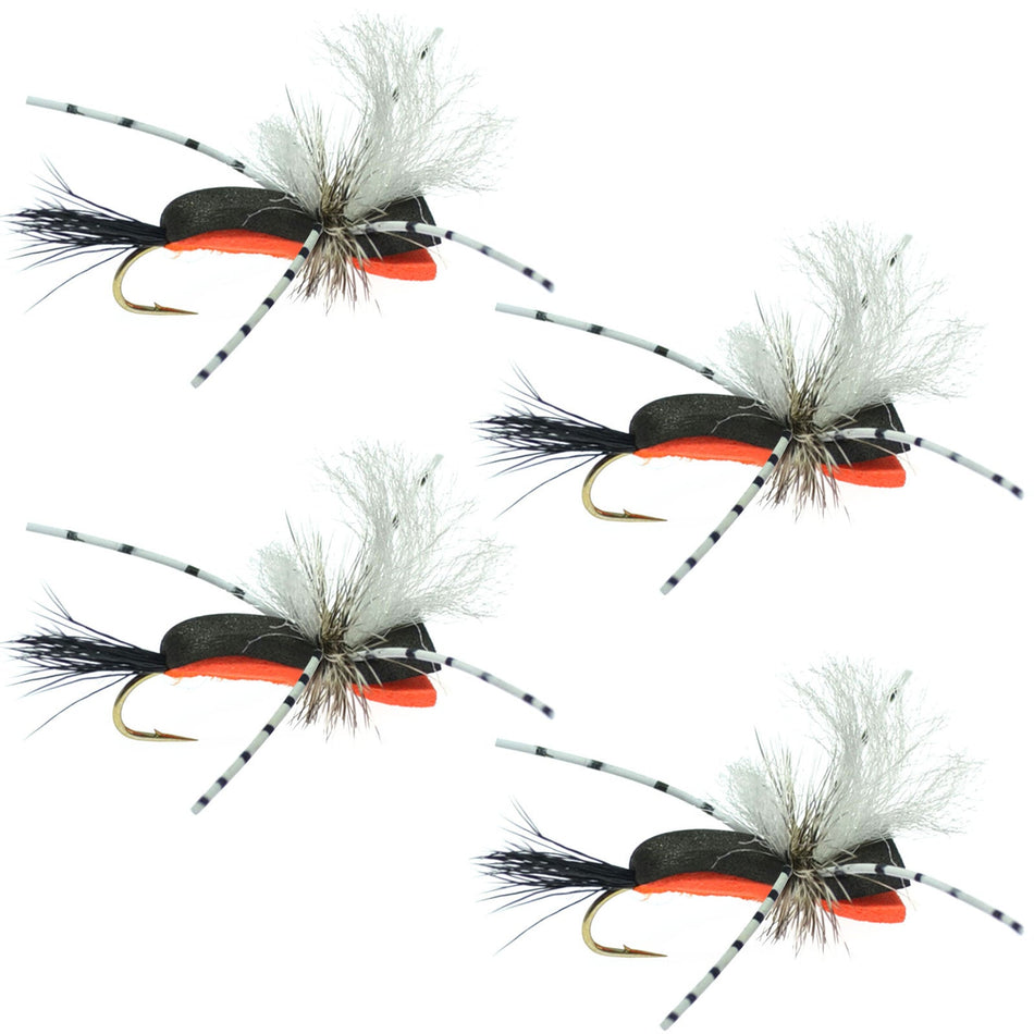 Hippie Stomper Black Orange Foam Body Grasshopper Dry Fly - 4 Flies Size 10 - Get Tight Gear