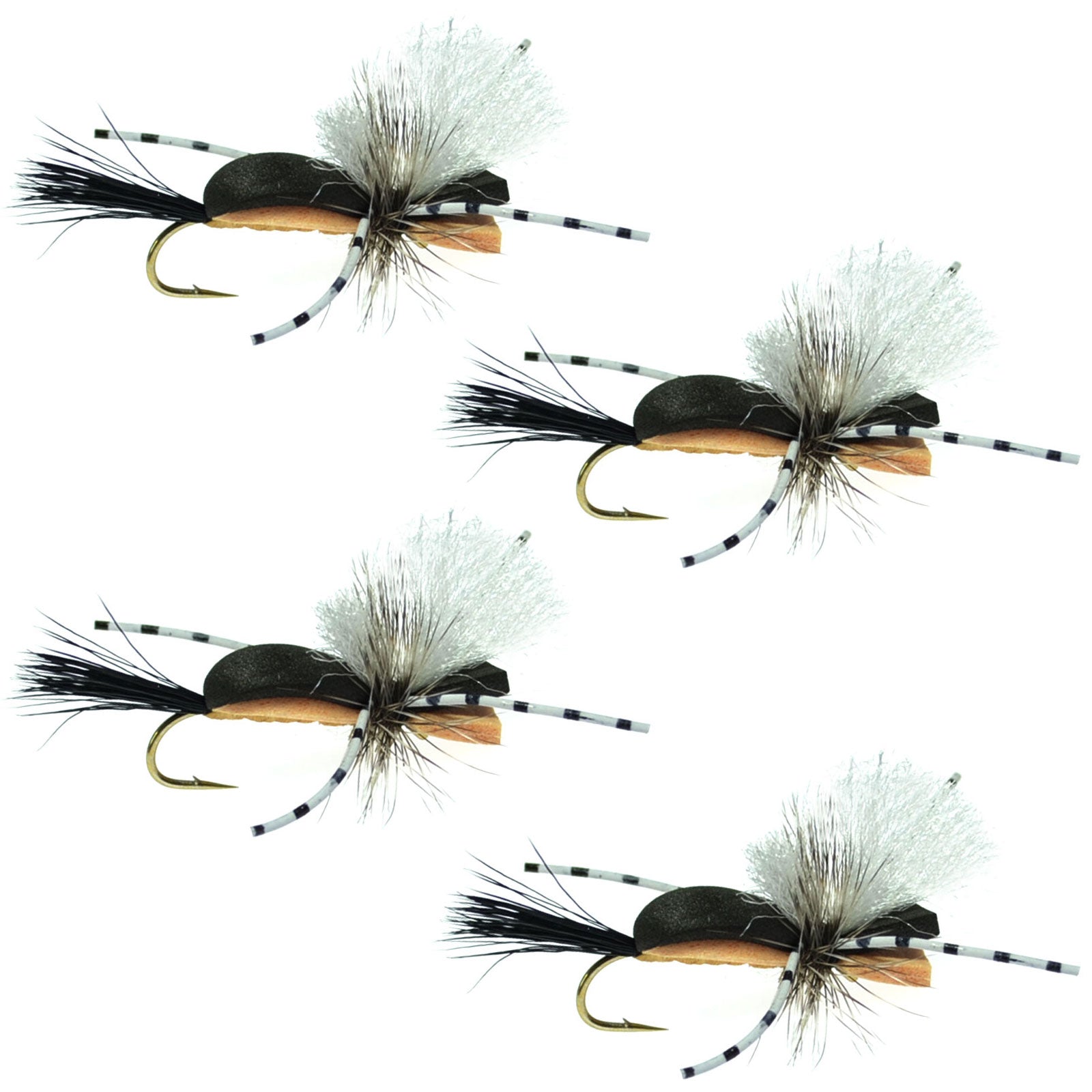 Hippie Stomper Black Tan Foam Body Grasshopper Dry Fly - 4 Flies Size 10 - Get Tight Gear