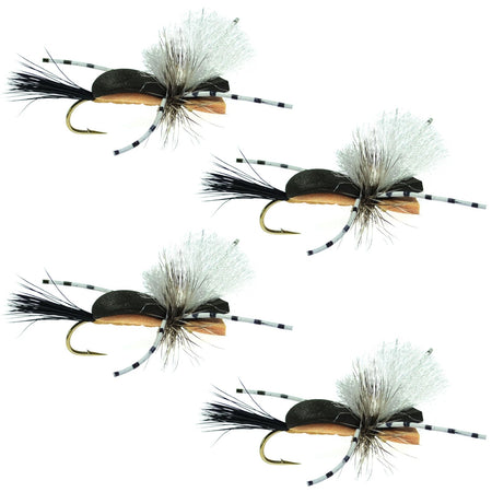 Hippie Stomper Black Tan Foam Body Grasshopper Dry Fly - 4 Flies Size 10 - Get Tight Gear