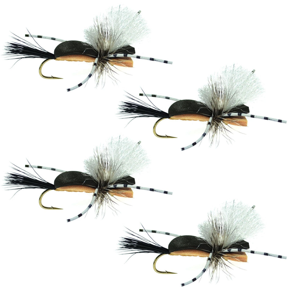 Hippie Stomper Black Tan Foam Body Grasshopper Dry Fly - 4 Flies Size 14 - Get Tight Gear