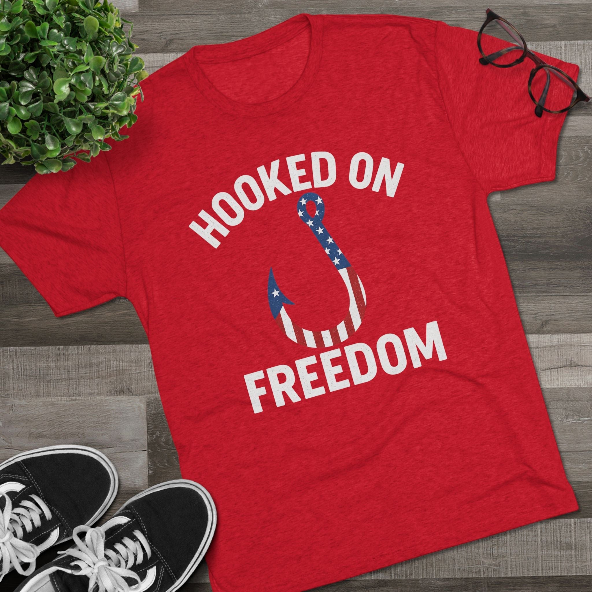 Hooked on Freedom Unisex Tri - Blend Crew Tee - Patriotic Fishing T-Shirt - Get Tight Gear