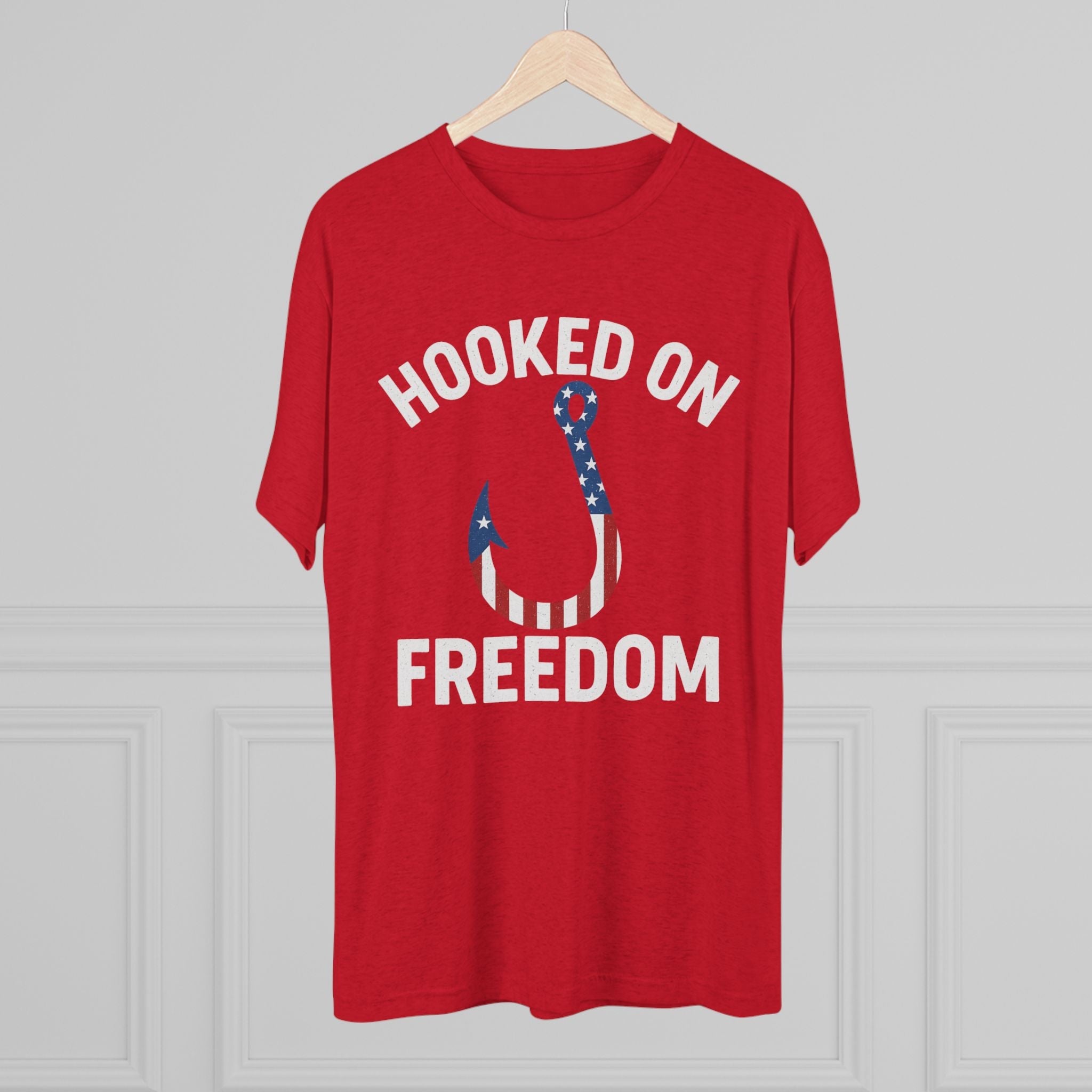 Hooked on Freedom Unisex Tri - Blend Crew Tee - Patriotic Fishing T-Shirt - Get Tight Gear