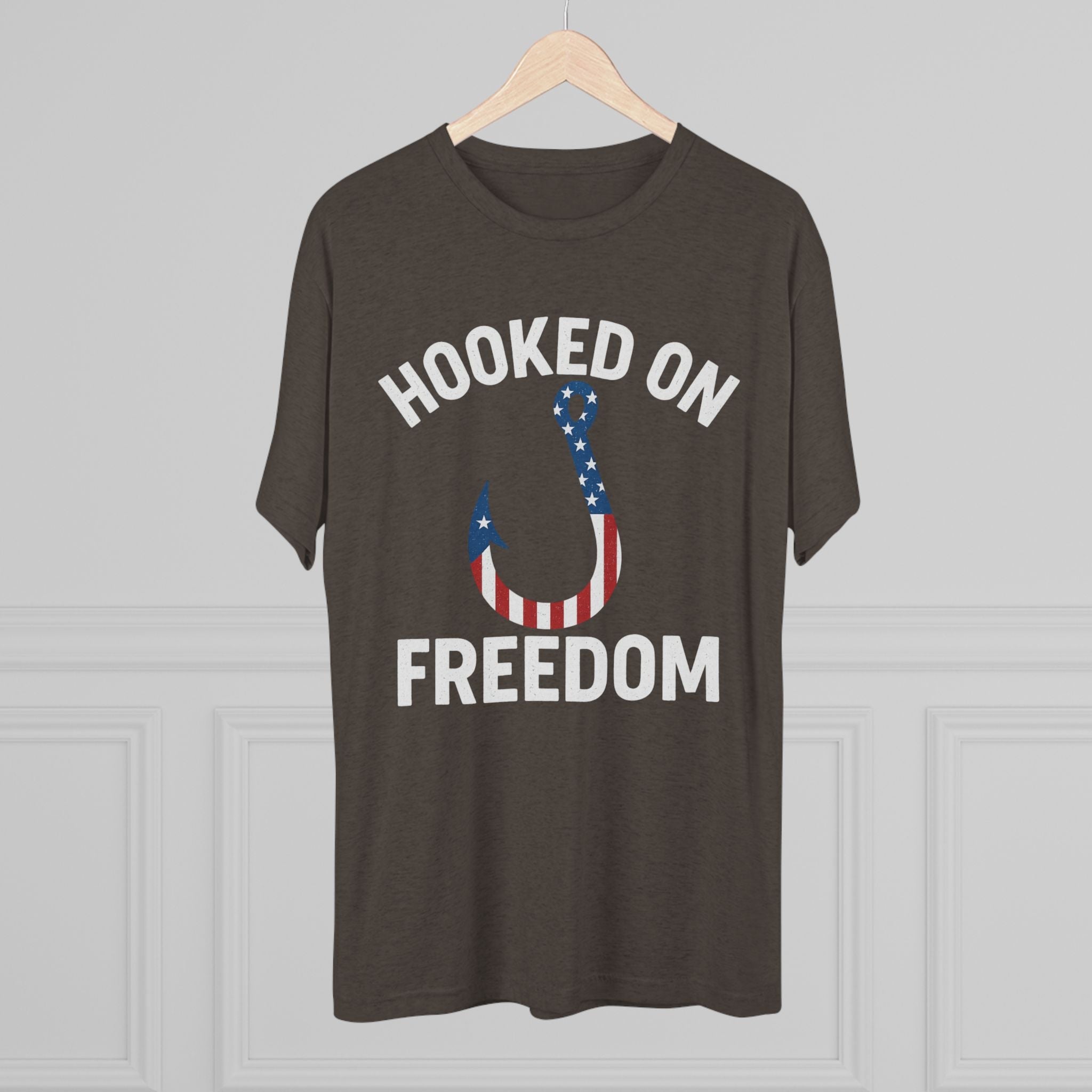 Hooked on Freedom Unisex Tri - Blend Crew Tee - Patriotic Fishing T-Shirt - Get Tight Gear