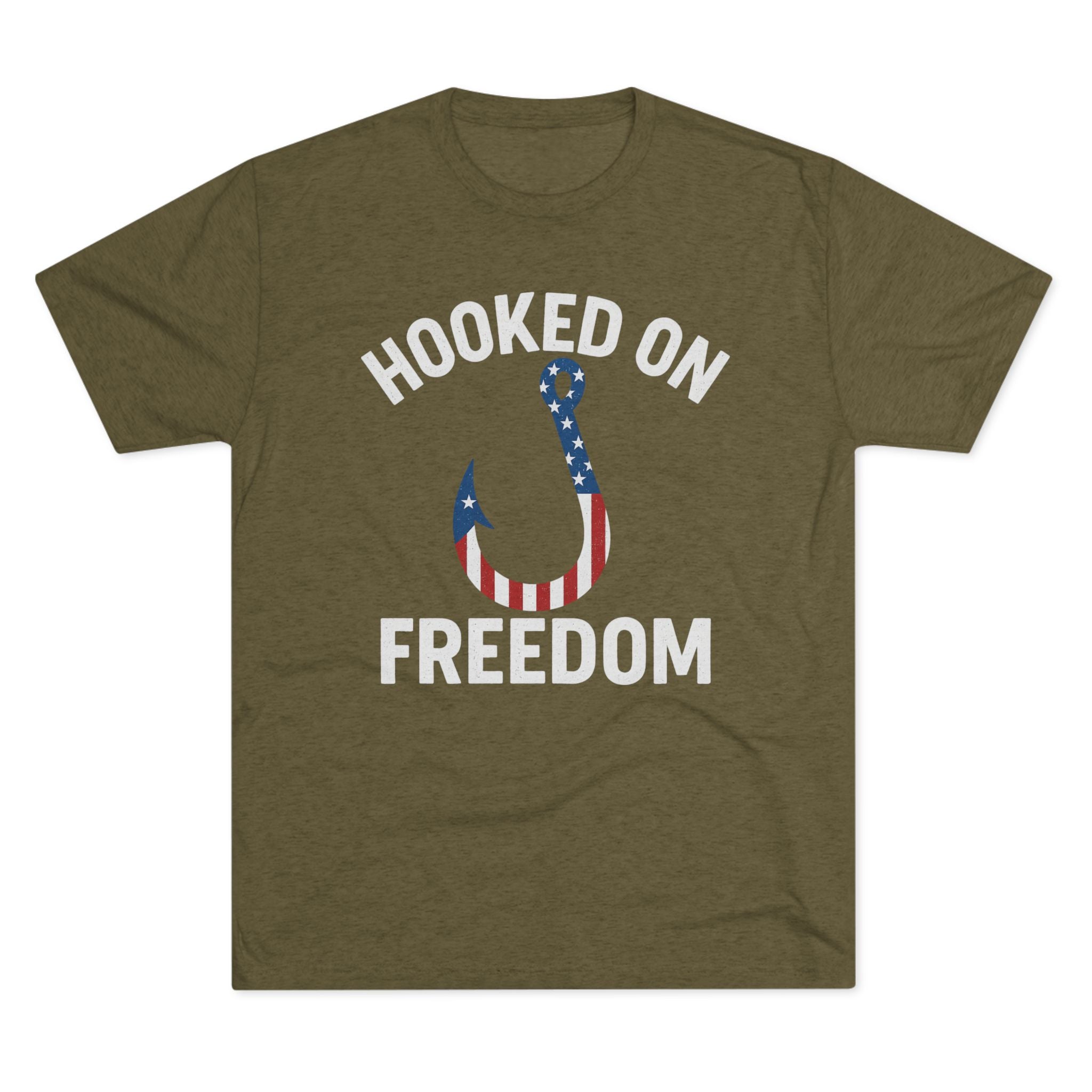 Hooked on Freedom Unisex Tri - Blend Crew Tee - Patriotic Fishing T-Shirt - Get Tight Gear