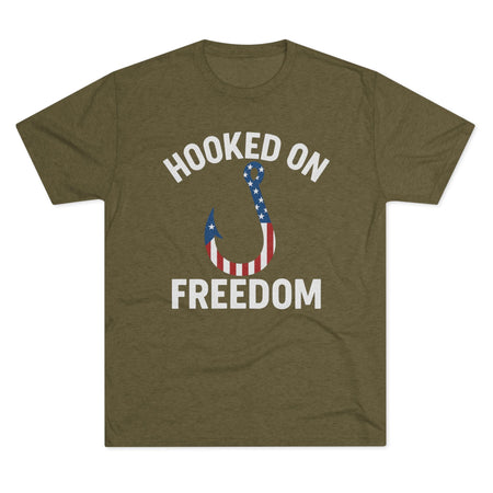 Hooked on Freedom Unisex Tri - Blend Crew Tee - Patriotic Fishing T-Shirt - Get Tight Gear