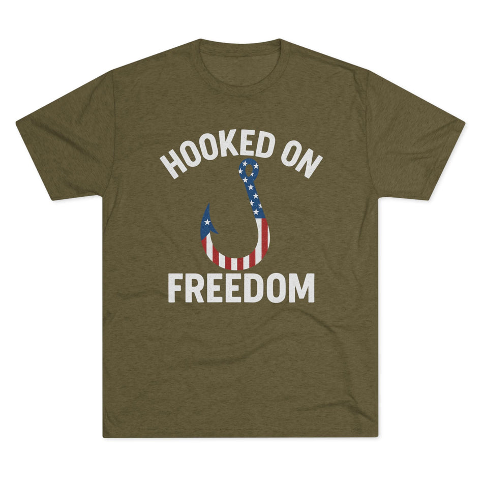 Hooked on Freedom Unisex Tri - Blend Crew Tee - Patriotic Fishing T-Shirt - Get Tight Gear