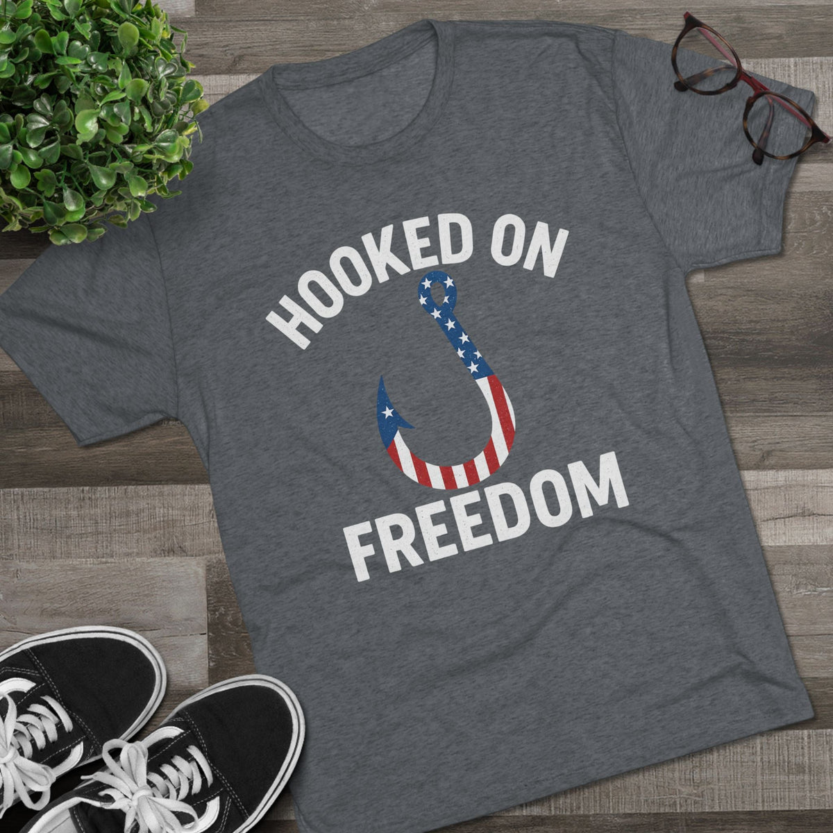 Hooked on Freedom Unisex Tri - Blend Crew Tee - Patriotic Fishing T-Shirt - Get Tight Gear