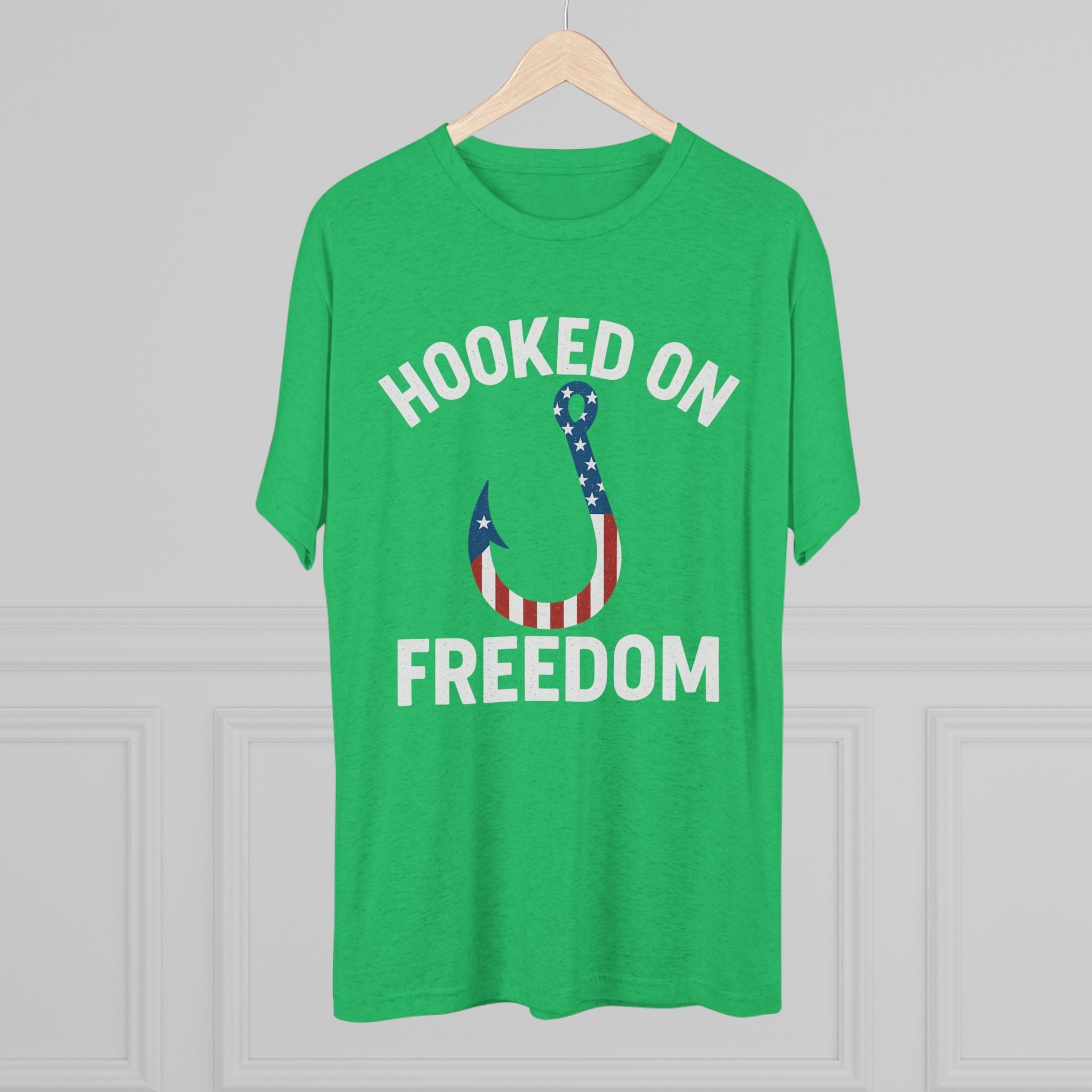 Hooked on Freedom Unisex Tri - Blend Crew Tee - Patriotic Fishing T-Shirt - Get Tight Gear