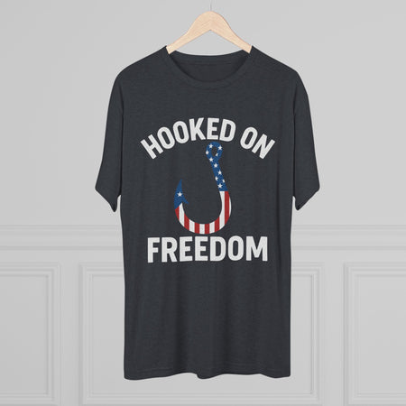 Hooked on Freedom Unisex Tri - Blend Crew Tee - Patriotic Fishing T-Shirt - Get Tight Gear