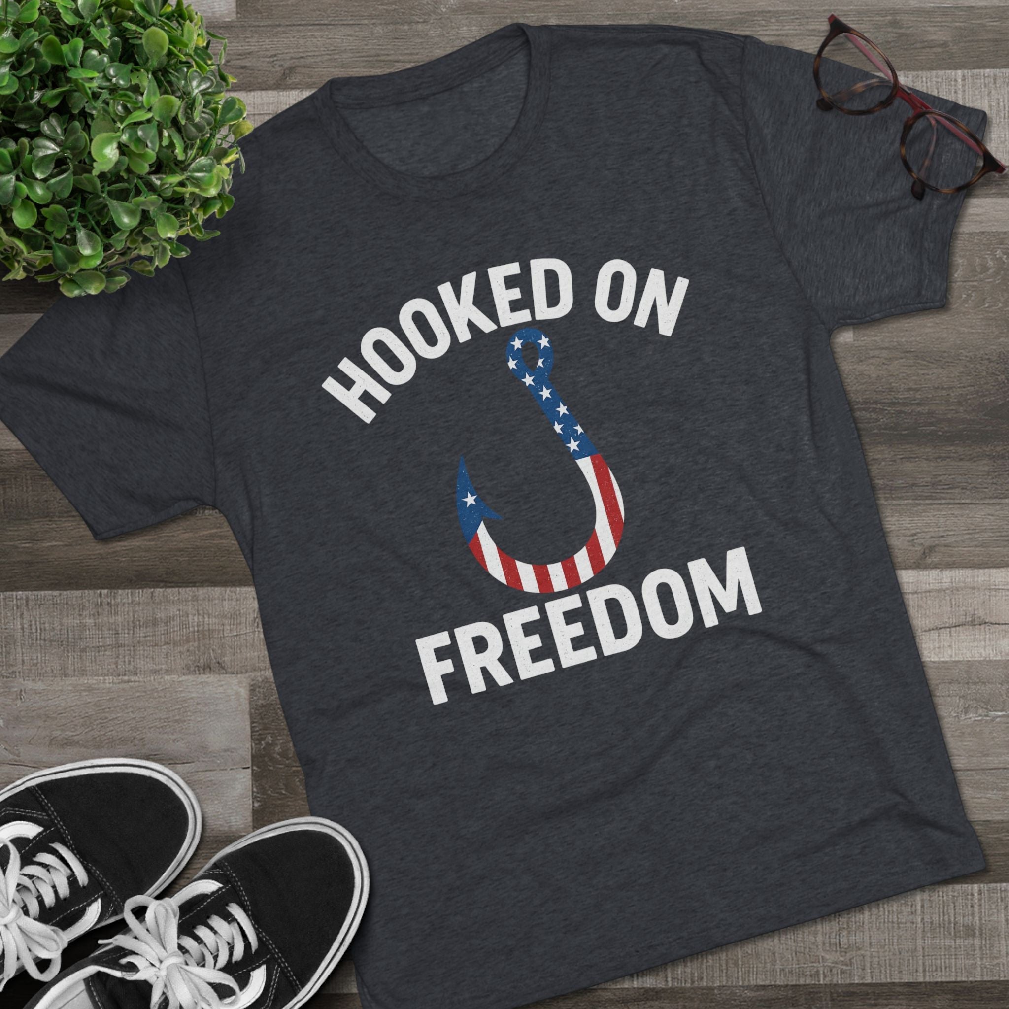 Hooked on Freedom Unisex Tri - Blend Crew Tee - Patriotic Fishing T-Shirt - Get Tight Gear