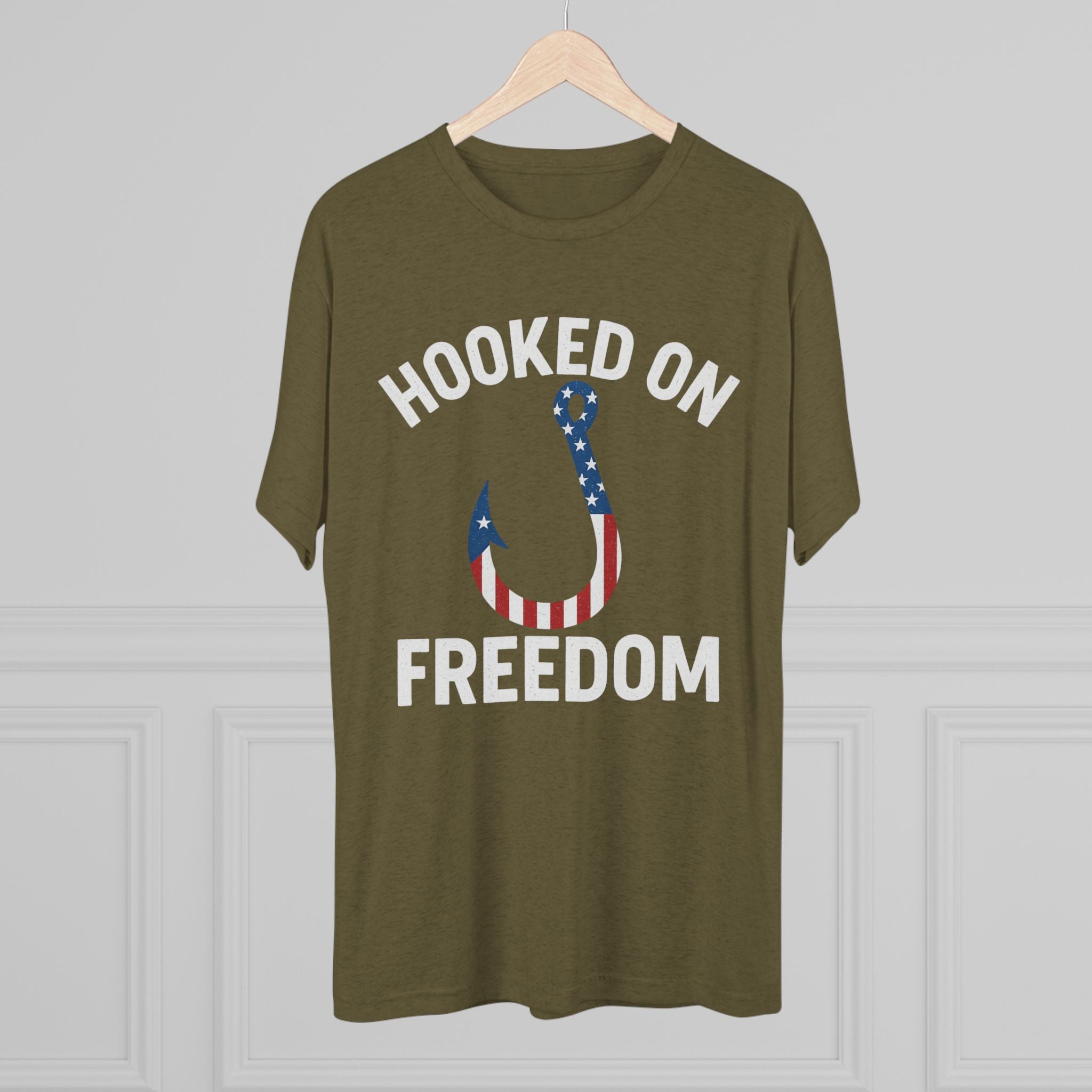 Hooked on Freedom Unisex Tri - Blend Crew Tee - Patriotic Fishing T-Shirt - Get Tight Gear