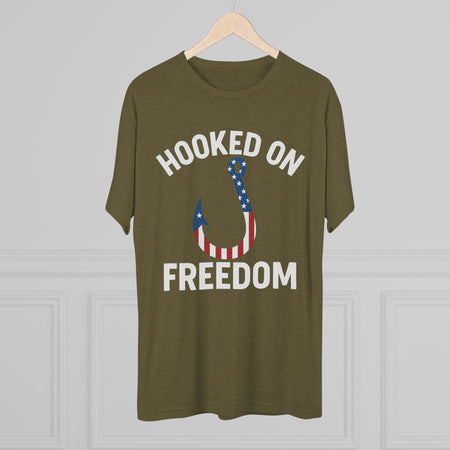 Hooked on Freedom Unisex Tri - Blend Crew Tee - Patriotic Fishing T-Shirt - Get Tight Gear
