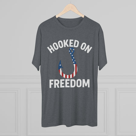 Hooked on Freedom Unisex Tri - Blend Crew Tee - Patriotic Fishing T-Shirt - Get Tight Gear