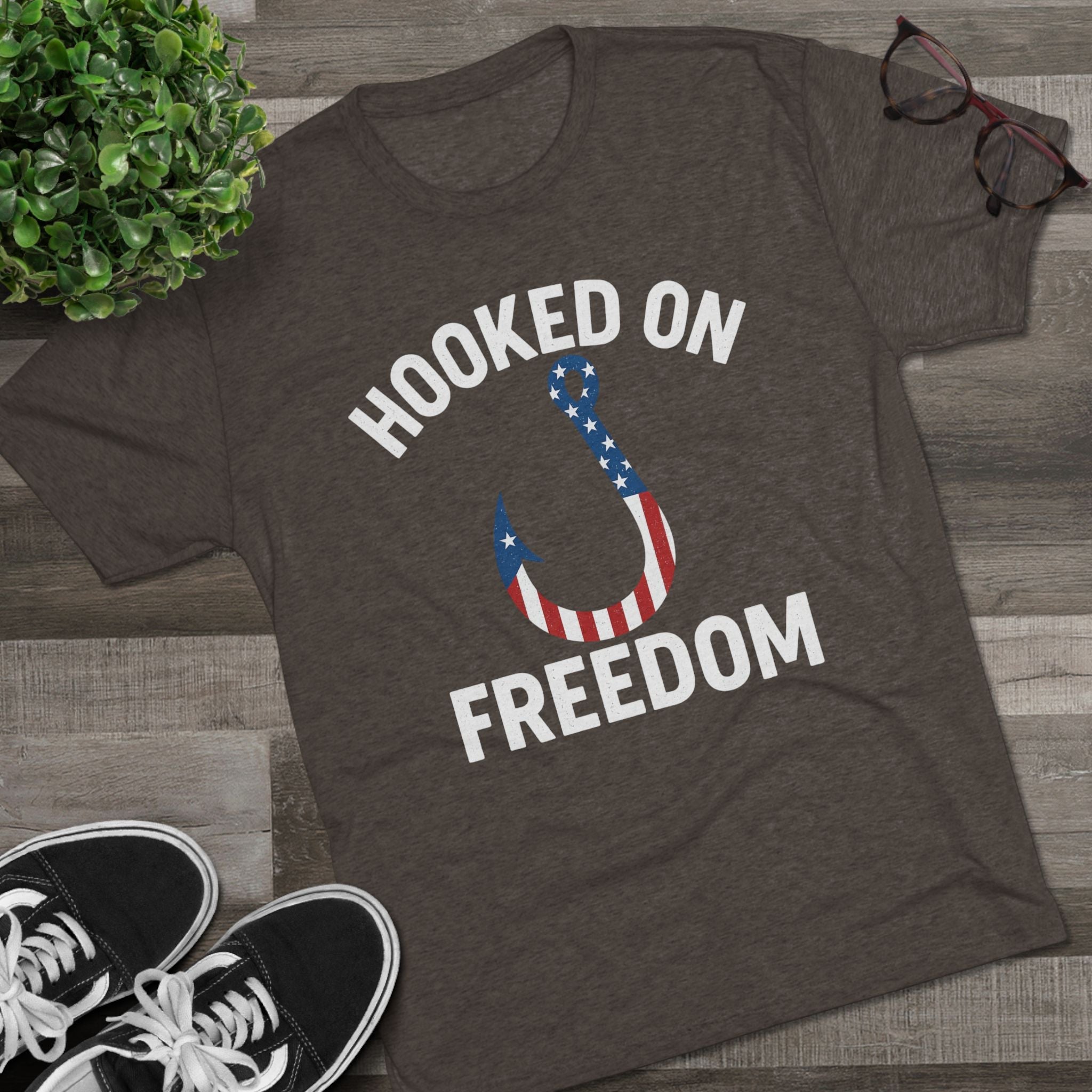Hooked on Freedom Unisex Tri - Blend Crew Tee - Patriotic Fishing T-Shirt - Get Tight Gear