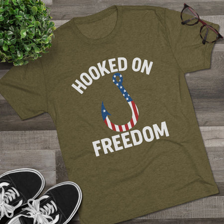 Hooked on Freedom Unisex Tri - Blend Crew Tee - Patriotic Fishing T-Shirt - Get Tight Gear
