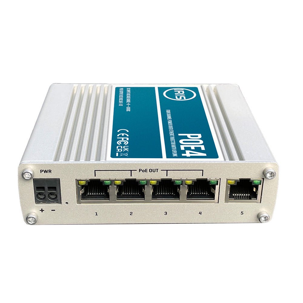 Iris Four Channel Uplink Power Over Ethernet Switch - IEEE802.3af & 3at Compliant - 9 - 30VDC Input - 48VDC Output - Get Tight Gear