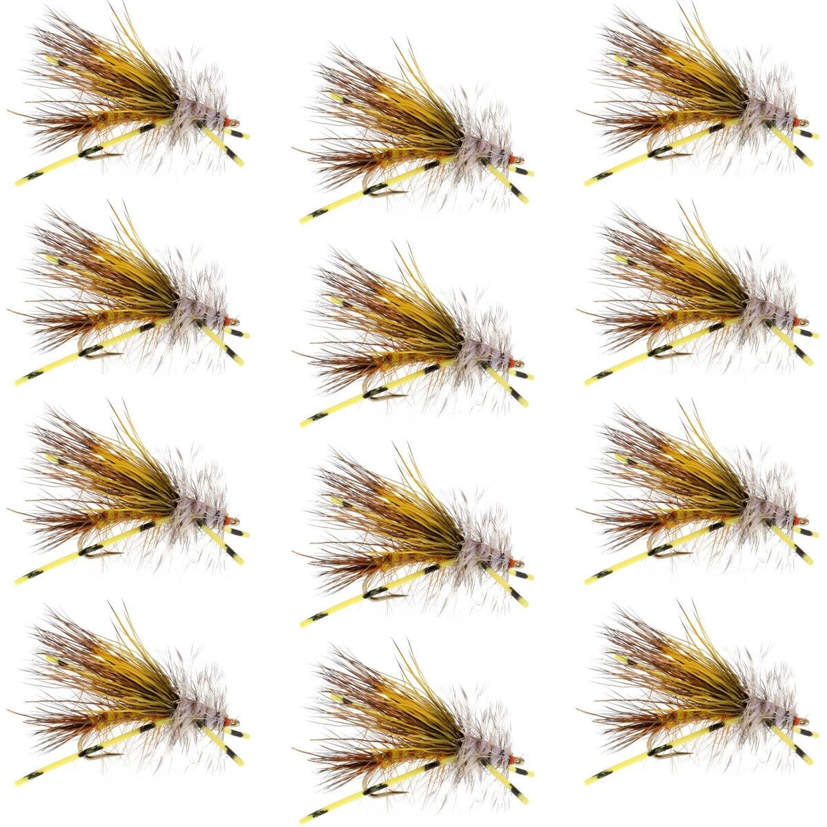 Kaufmann's Yellow Crystal Stimulator Rubber Legs Dry Fly - 1 Dozen Flies Hook Size 10 - Get Tight Gear