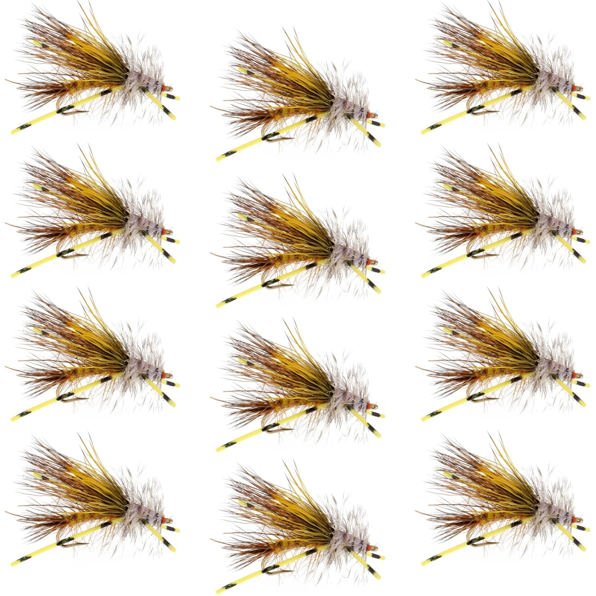 Kaufmann's Yellow Crystal Stimulator Rubber Legs Dry Fly - 1 Dozen Flies Hook Size 10 - Get Tight Gear