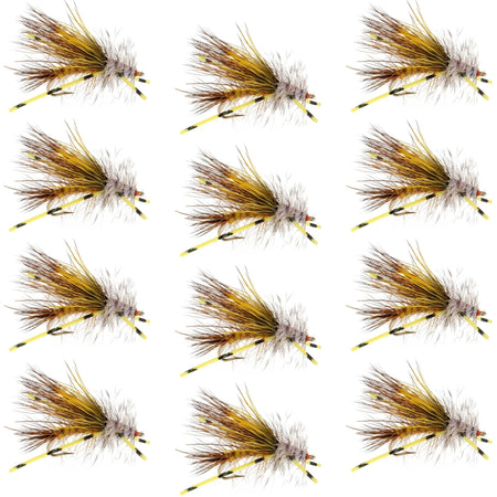 Kaufmann's Yellow Crystal Stimulator Rubber Legs Dry Fly - 1 Dozen Flies Hook Size 14 - Get Tight Gear