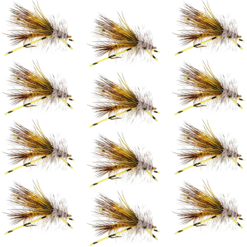 Kaufmann's Yellow Crystal Stimulator Rubber Legs Dry Fly - 1 Dozen Flies Hook Size 16 - Get Tight Gear