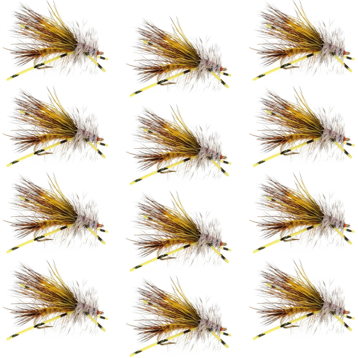 Kaufmann's Yellow Crystal Stimulator Rubber Legs Dry Fly - 1 Dozen Flies Hook Size 8 - Get Tight Gear