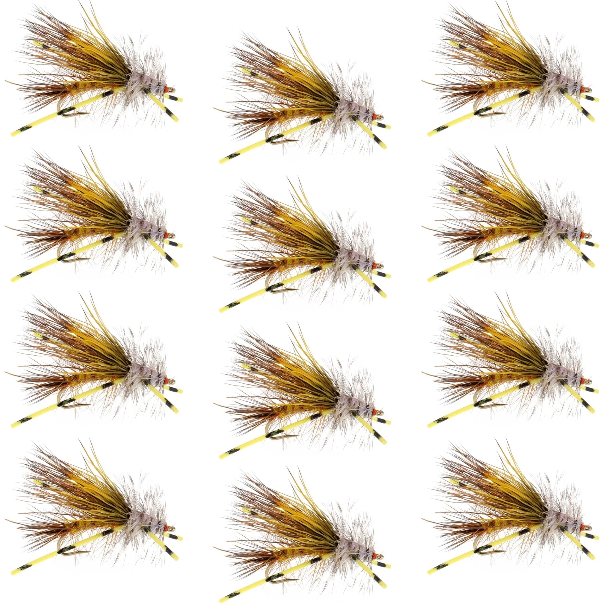 Kaufmann's Yellow Crystal Stimulator Rubber Legs Dry Fly - 1 Dozen Flies Hook Size 8 - Get Tight Gear
