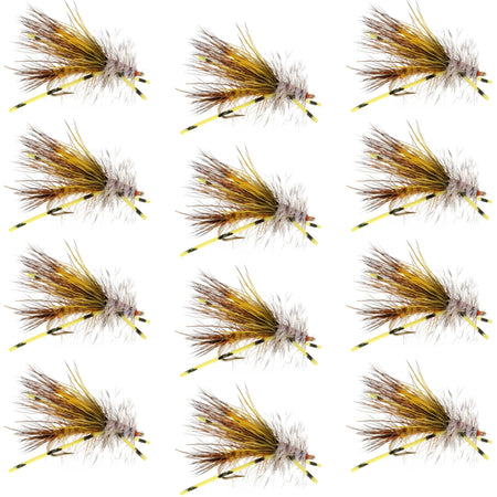 Kaufmann's Yellow Crystal Stimulator Rubber Legs Dry Fly - 1 Dozen Flies Hook Size 8 - Get Tight Gear