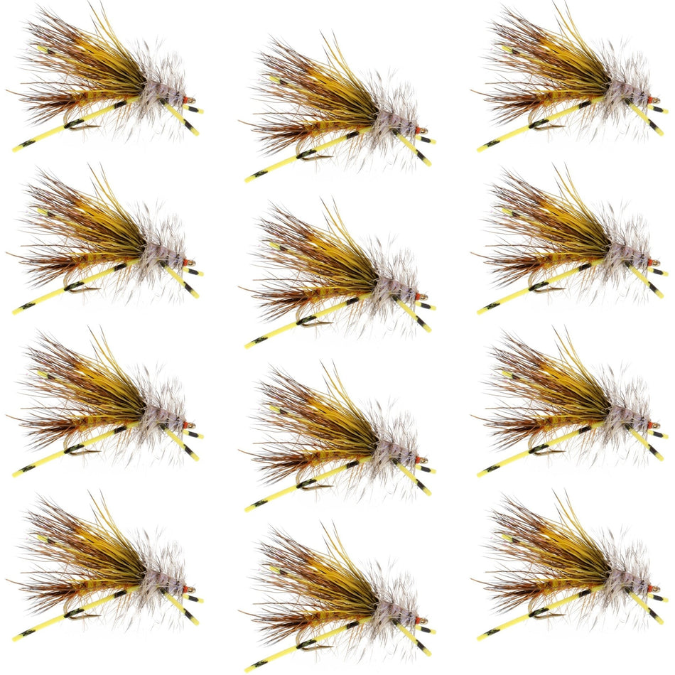 Kaufmann's Yellow Crystal Stimulator Rubber Legs Dry Fly - 1 Dozen Flies Hook Size 8 - Get Tight Gear