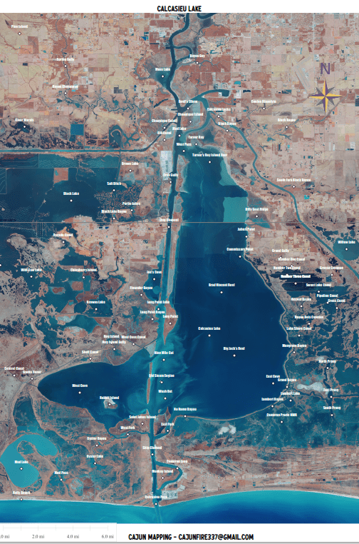 Laminated Calcasieu Lake (Big Lake) Fishing Map 13 inch by 19 inch - Get Tight Gear