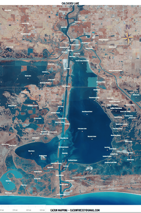 Laminated Calcasieu Lake (Big Lake) Fishing Map 13 inch by 19 inch - Get Tight Gear